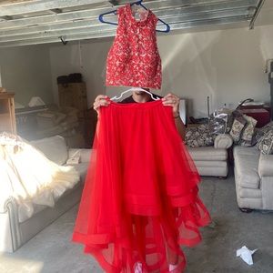 Red Beaded Two Piece Prom Dress